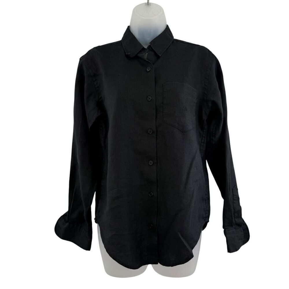 Lauren Ralph Lauren Women Linen Button Up Shirt Petite 4 Black Shirt Long Sleeve